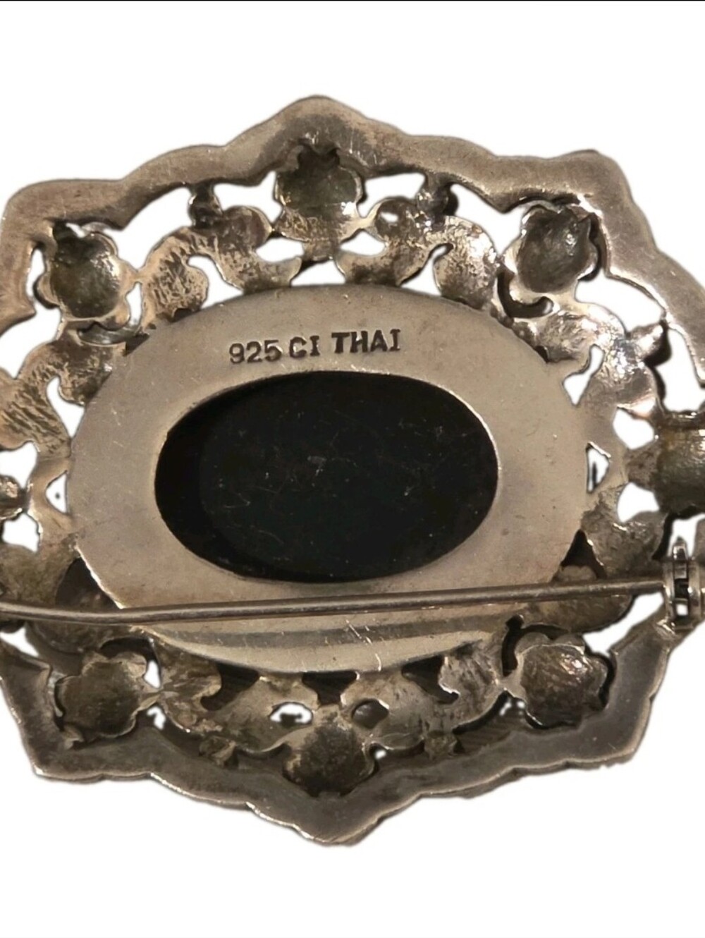 Vintage 925 Sterling Silver Black Onyx Marcasite Brooch Pin Thailand Art Deco - Picture 6 of 7